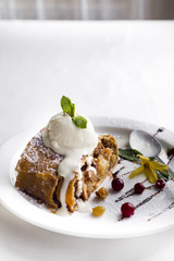Apple strudel with ice cream