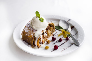 Apple strudel with ice cream
