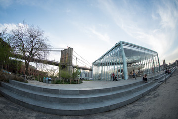 NYC's Brooklyn Promenade on a sunny spring day. Shot with a fisheye during the Spring of 2017.