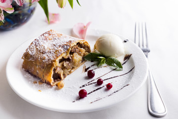 Apple strudel with ice cream