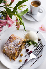 Apple strudel with ice cream