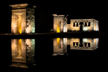 Temple Of Debod Reflecting In Lake At Night