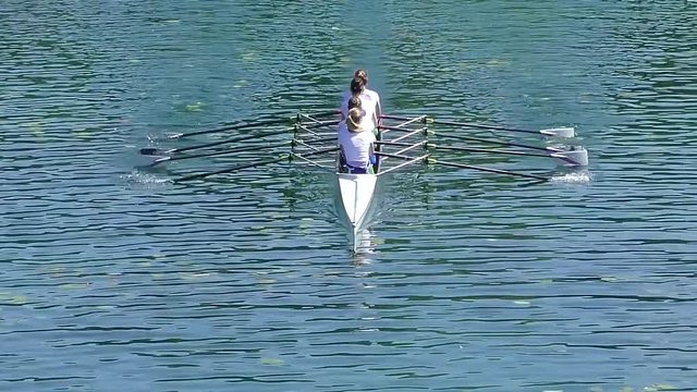 Four women rowing on the tranquil lake, full hd, slow motion video