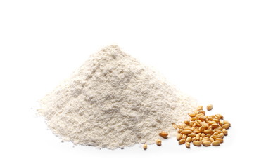 Pile of wheat flour and grains isolated on white background