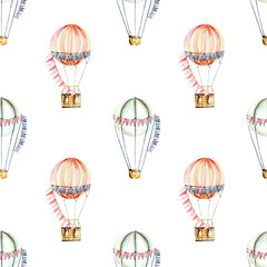 Obraz premium Seamless pattern with watercolor festive air balloons (aerostats), hand drawn isolated on a white background