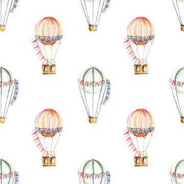 Seamless pattern with watercolor festive air balloons (aerostats), hand drawn isolated on a white background
