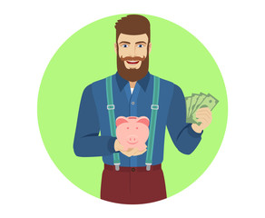 Hipster with cash money holding a piggy bank