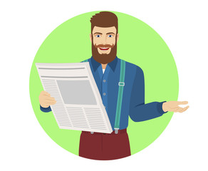Hipster with newspaper gesturing