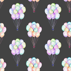 Seamless pattern with watercolor bundle of balloons, hand drawn isolated on a dark background