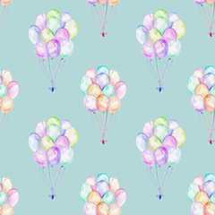 Seamless pattern with watercolor bundle of balloons, hand drawn isolated on a blue background