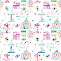 Seamless pattern with watercolor elements of amusement park, hand drawn isolated on a white background