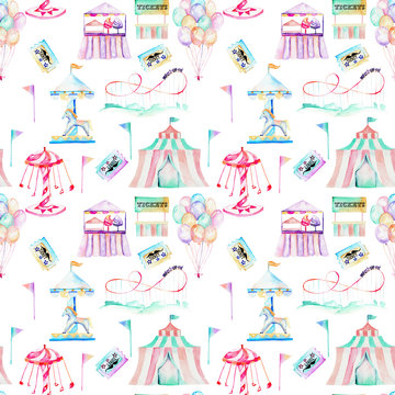 Seamless pattern with watercolor elements of amusement park, hand drawn isolated on a white background
