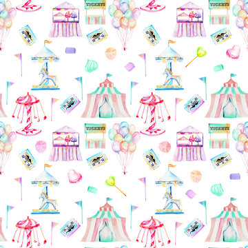 Seamless pattern with watercolor elements of amusement park and candies, hand drawn isolated on a white background