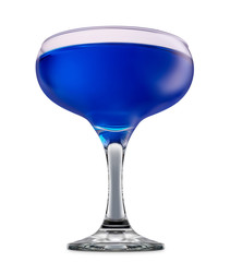 fresh fruit alcohol cocktail or mocktail in margarita glass with blue beverage isolated on white background