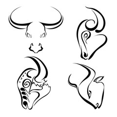 Set of  black images of head wild bulls. Buffalo on a white background. Vector illustration