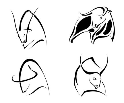 Set of images of bulls. Abstract stylized buffalo on a white background. Vector illustration