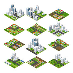 City set quarter top view landscape isometric 3D projection with skyscrapers, houses and trees with park