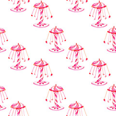 Seamless pattern with watercolor carousel from the amusement park, hand drawn isolated on a white background