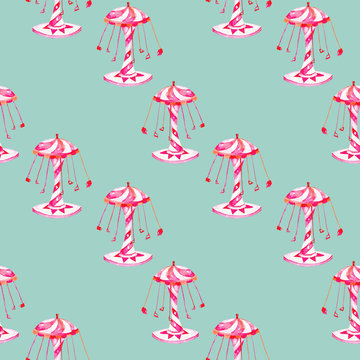 Seamless pattern with watercolor carousel from the amusement park, hand drawn isolated on a blue background