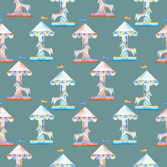 Seamless pattern with watercolor red and blue carousel with horses from the amusement park, hand drawn isolated on a blue background