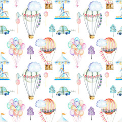 Seamless pattern on weekend theme; watercolor air balloons, aerostats, carousel and cars, hand drawn isolated on a white background