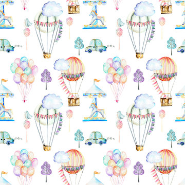 Seamless pattern on weekend theme; watercolor air balloons, aerostats, carousel and cars, hand drawn isolated on a white background