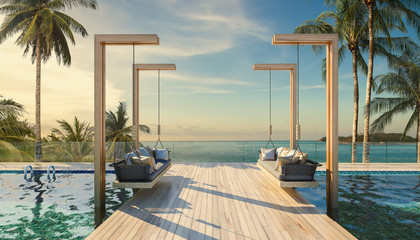 Beautiful Swing sofa on the Swimming pool waters outdoor beach - obrazy, fototapety, plakaty