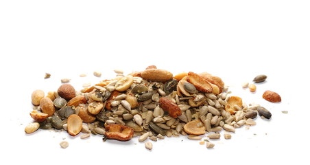 Healthy mix of salty and spicy peanuts, almonds, sunflowers, and pumpkin seeds, isolated on white background