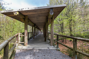Fototapeta na wymiar Viewing wooden footbridge for animal watching, Bavaria, Germany. Wooden bridge with a roof in the forest.