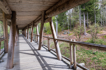 Viewing wooden footbridge for animal watching, Bavaria, Germany. Wooden bridge with a roof in the forest.