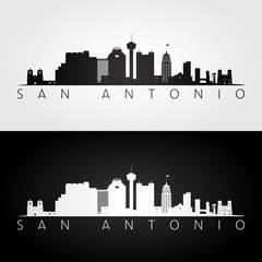 San Antonio USA skyline and landmarks silhouette, black and white design.
