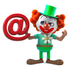 3d Funny cartoon crazy clown character has an email address symbol