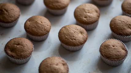 Freshly baked delicious homemade cupcakes on an old baking tray closeup