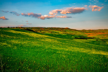 Paysage du Val d'Orcia en Toscane au soleil couchant