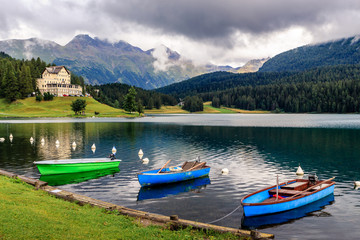 Boats on the lake of St. Moritz (Switzerland)