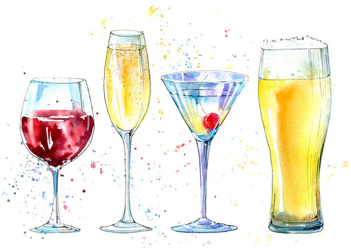 Glass of a champagne,martini, wine, beer. Picture of a alcoholic drink.Watercolor hand drawn illustration.