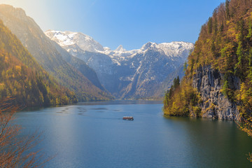 Lake Koenigssee at Schoenau, Berchtesgaden Bavaria Germany on a sunny day with electric ships