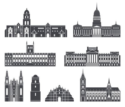 South America. Architecture. Isolated American buildings on white background