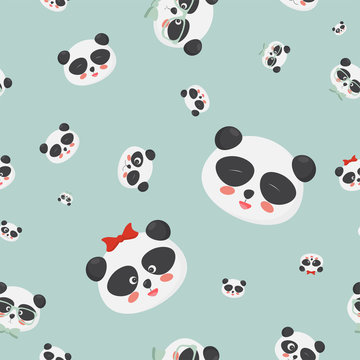 Vector seamless pattern: panda bear faces on a light blue background, panda faces with different emotions.