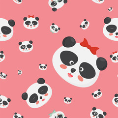 Vector seamless pattern: panda bear faces on a childish pink background, panda faces with different emotions.