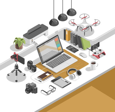 Flat isometric 3d workspace concept vector. Devices set on white background. Laptop, smart phone, tablet, desktop computer, glasses, cup, notebook, headphones, drone, fish eye lens, holder, camera.