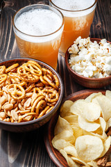 assortment of snacks for beer, fast food, closeup,