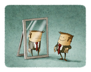 Happy businessman in front of a mirror where it looks reflected sad.  - 150658323
