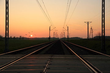 Obraz na płótnie Canvas Linia kolejowa o zachodzie słońca, stado ptaków.