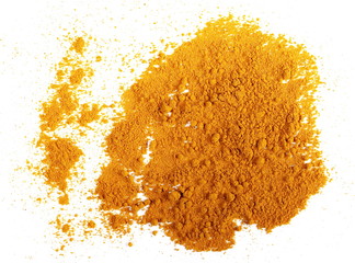 Turmeric powder isolated on white background. Curcuma powder, with top view
