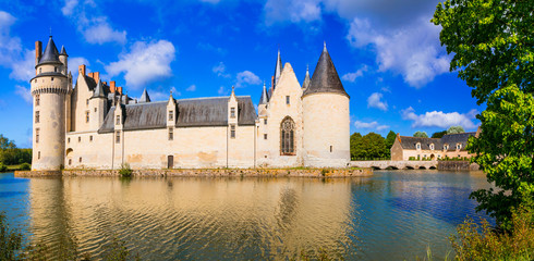 Obraz premium Chateau du Plessis Bourre Loire Valley France. Fairytale medieval castle water reflection with moat and stone bridge in Anjou near Angers no people. High resolution world print stock photo