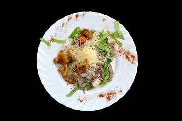 Appetizing salad with cheese, mushrooms and meat