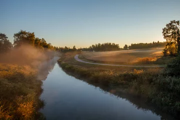 Fotobehang Morning landscape with river and field, Finland © sokko_natalia