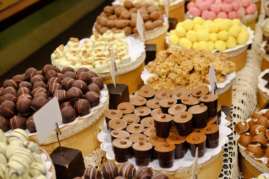 Various tasty sweets in candy shop