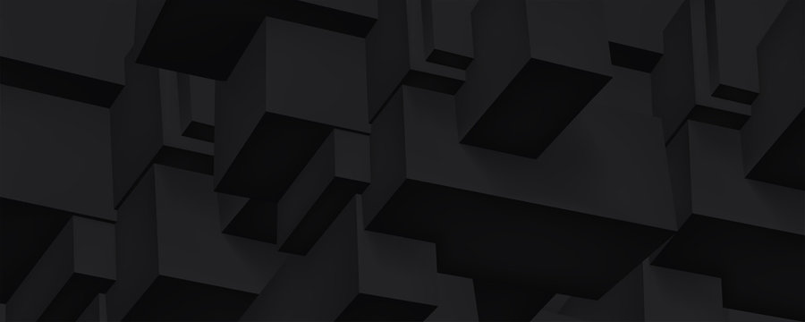 Volume black geometric construction, 3d cubes dark background, shapes, abstraction wallpaper, vector design for you project
